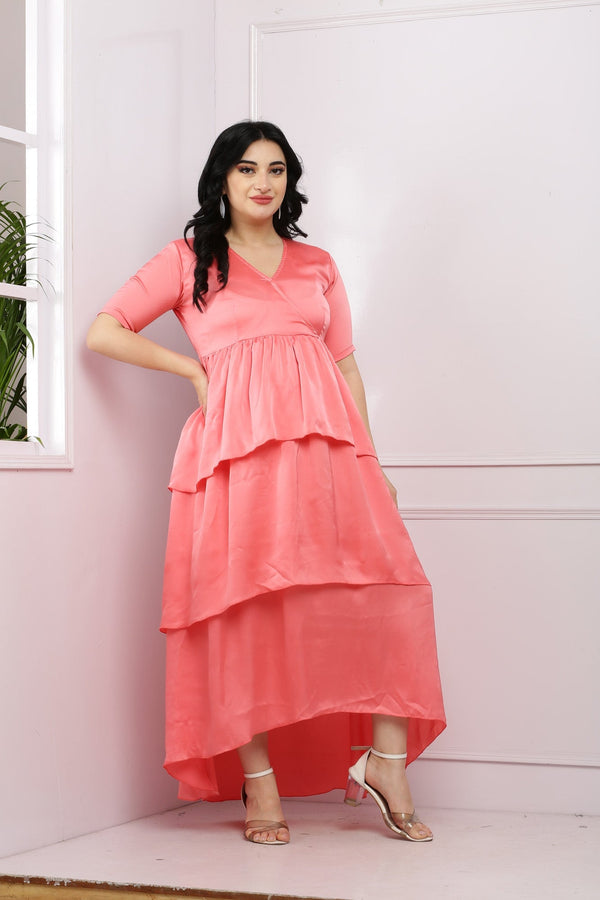 Victoria Peach Wrap Maternity& Nursing Satin Layered Dress MOMZJOY.COM