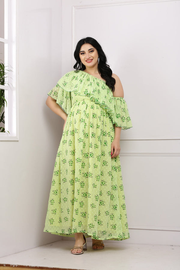 Lime Green One Shoulder Maternity & Nursing Frill Maxi momzjoy.com