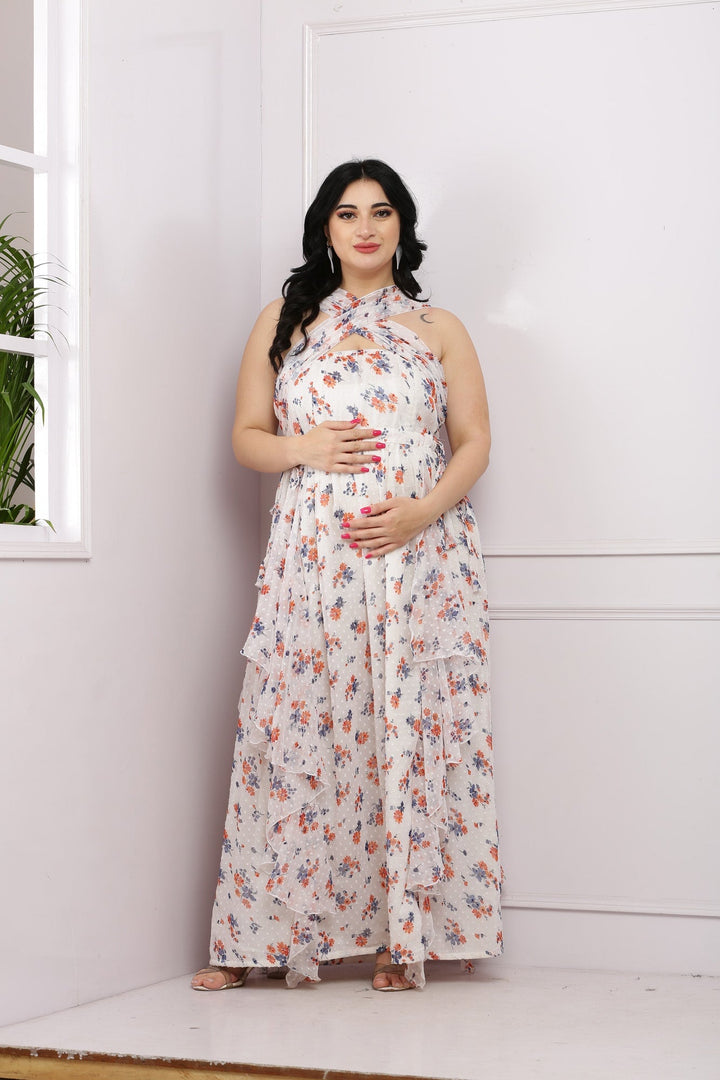 Classy Criss Cross Ivory Floral Maternity & Nursing Flow Dress momzjoy.com