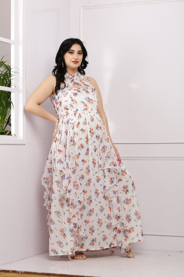 Classy Criss Cross Ivory Floral Maternity & Nursing Flow Dress momzjoy.com