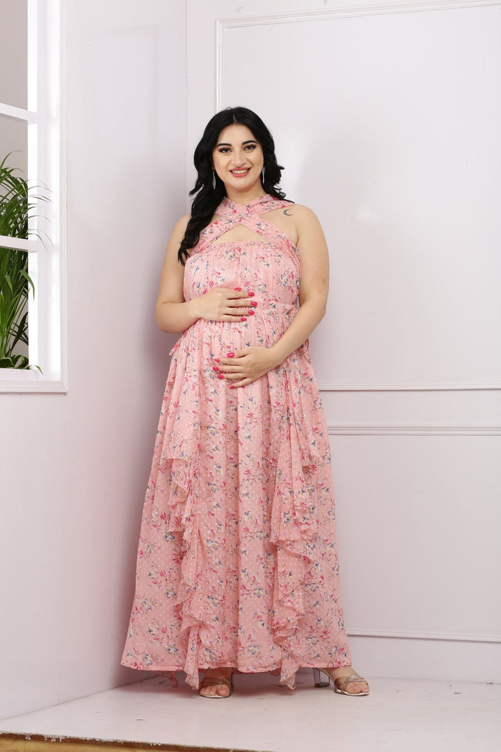 Classy Criss Cross Peach Floral Maternity & Nursing Flow Dress momzjoy.com