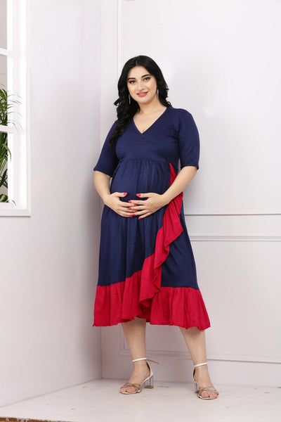 Midnight Blue Maternity & Nursing Frill Wrap Dress momzjoy.com