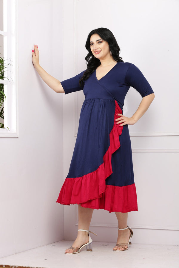 Midnight Blue Maternity & Nursing Frill Wrap Dress momzjoy.com