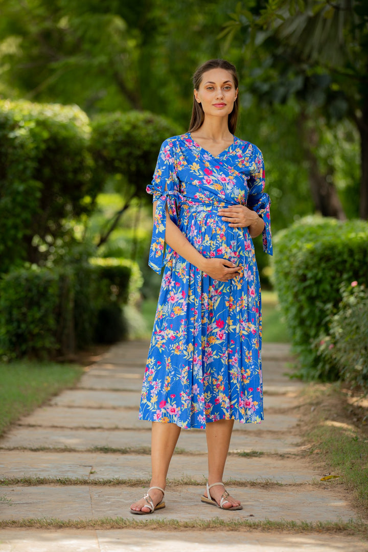 Royal Blue Floral Maternity & Nursing Midi Wrap Dress momzjoy.com