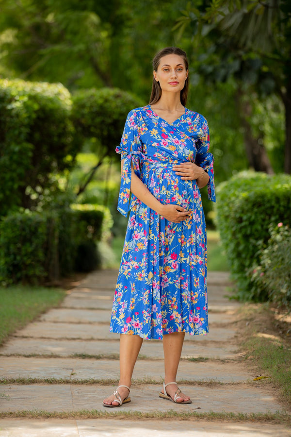 Royal Blue Floral Maternity & Nursing Midi Wrap Dress momzjoy.com