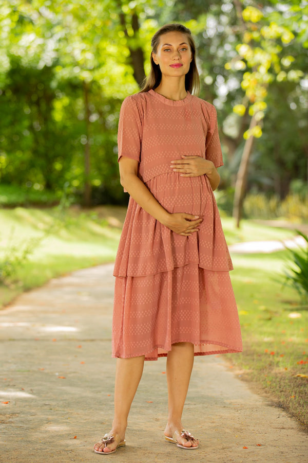 Peach Layered Maternity & Nursing Dress MOMZJOY.COM
