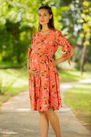 Orange Side Ties Maternity & Nursing Dress MOMZJOY.COM