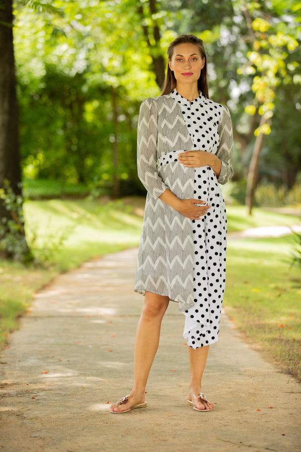 Asymmetrical Zig-Zag High Neck Maternity & Nursing Dress MOMZJOY.COM