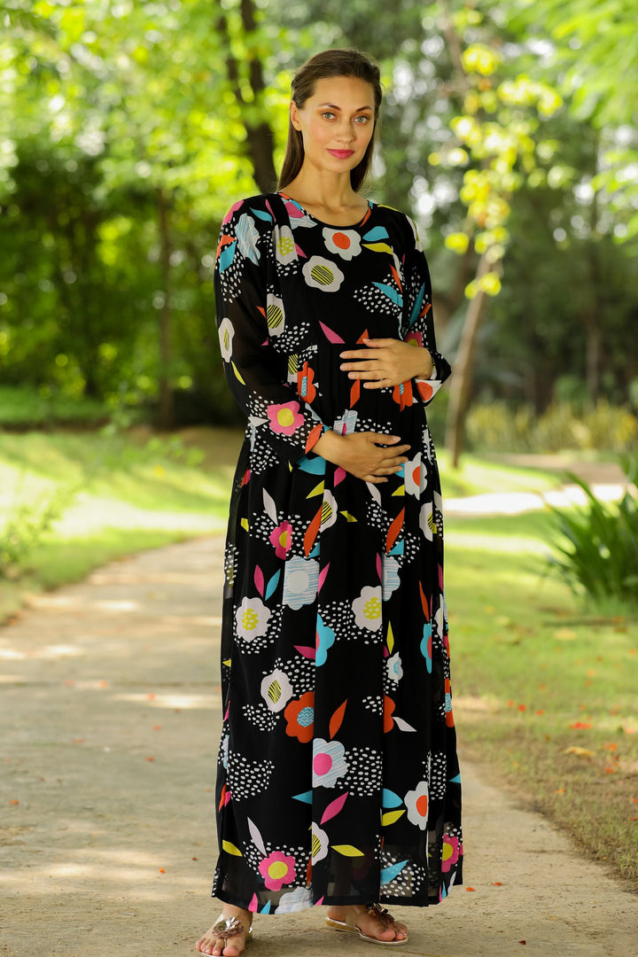 Vivacious Flowerbomb Concealed Zip Maternity & Nursing Maxi momzjoy.com