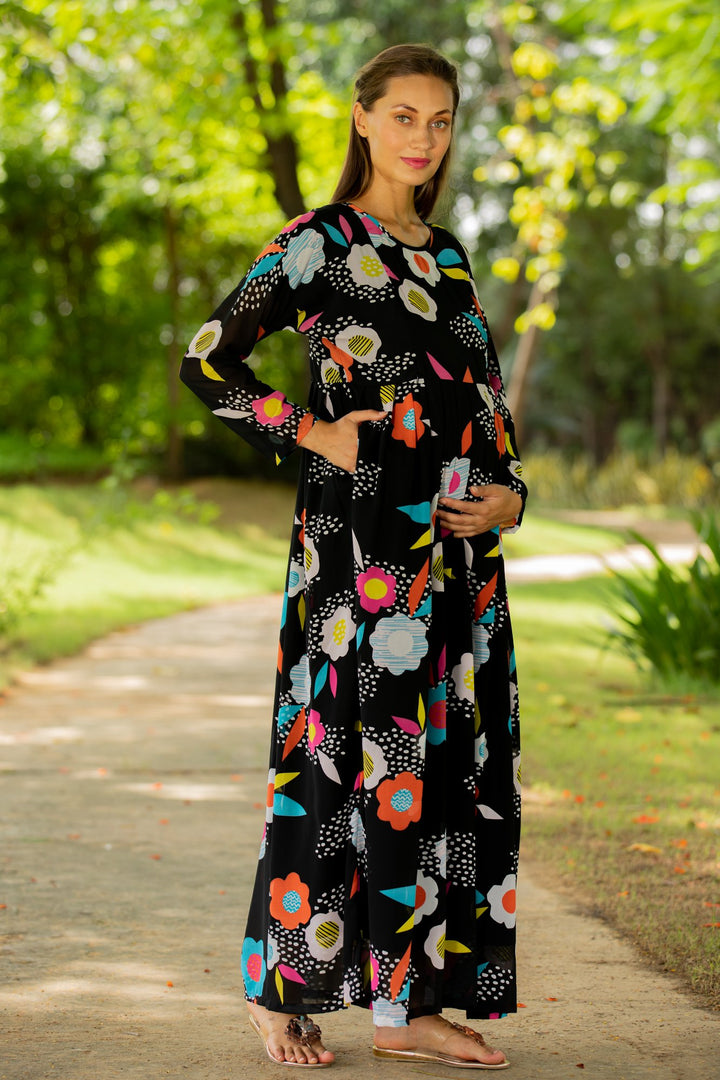 Vivacious Flowerbomb Concealed Zip Maternity & Nursing Maxi momzjoy.com