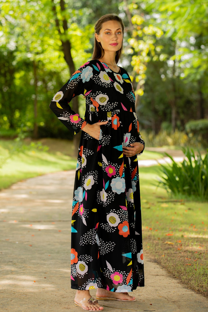 Vivacious Flowerbomb Concealed Zip Maternity & Nursing Maxi momzjoy.com