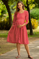 Red Zig Zag Pocket Maternity & Nursing Dress momzjoy.com
