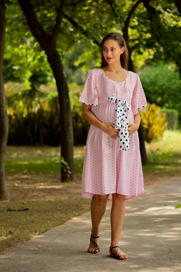 Pastel Pink Polka Maternity and Front Button Nursing Swing Dress momzjoy.com