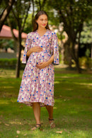 Carolina Pink Floral Unique Sleeves Maternity & Nursing Dress MOMZJOY.COM