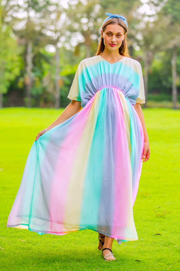 Happy Rainbow Striped Maternity Kaftan Dress momzjoy.com