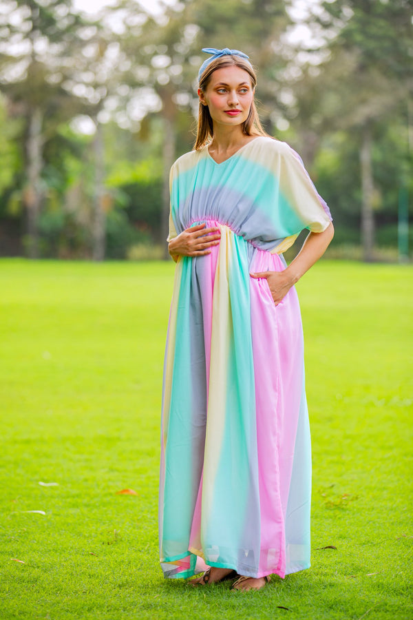 Happy Rainbow Striped Maternity Kaftan Dress momzjoy.com