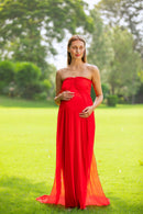 Luxe Cherry Red Off-Shoulder Trail Maternity Photoshoot Gown MOMZJOY.COM