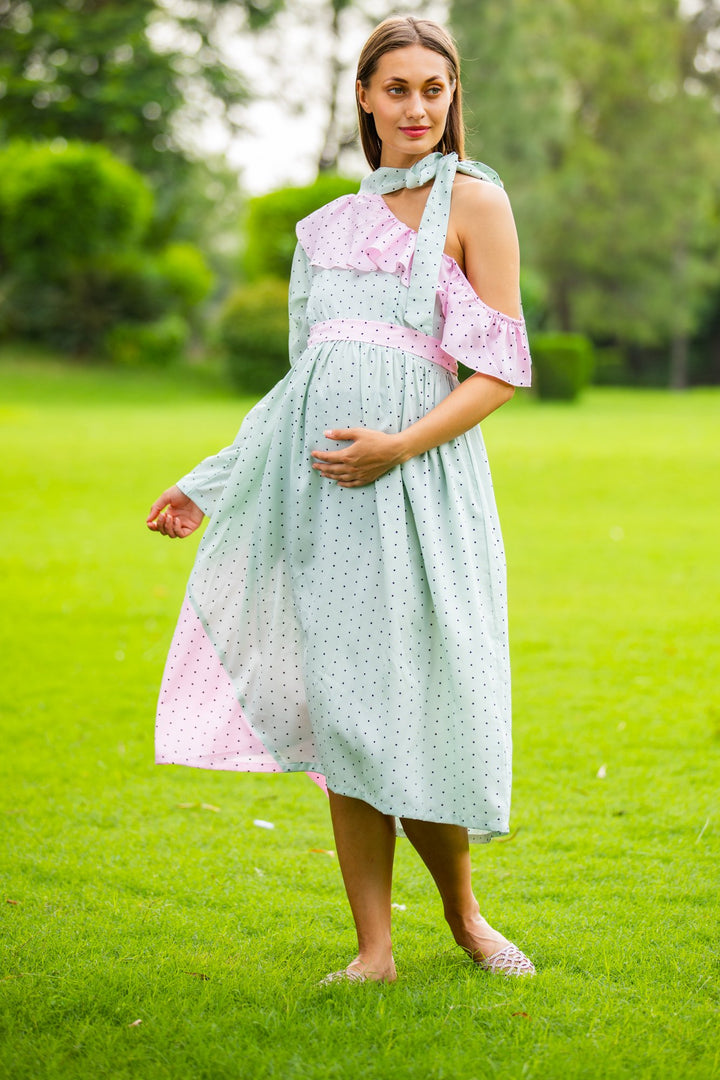 Mint Blush Polka Neck Tie Maternity & Nursing Dress momzjoy.com