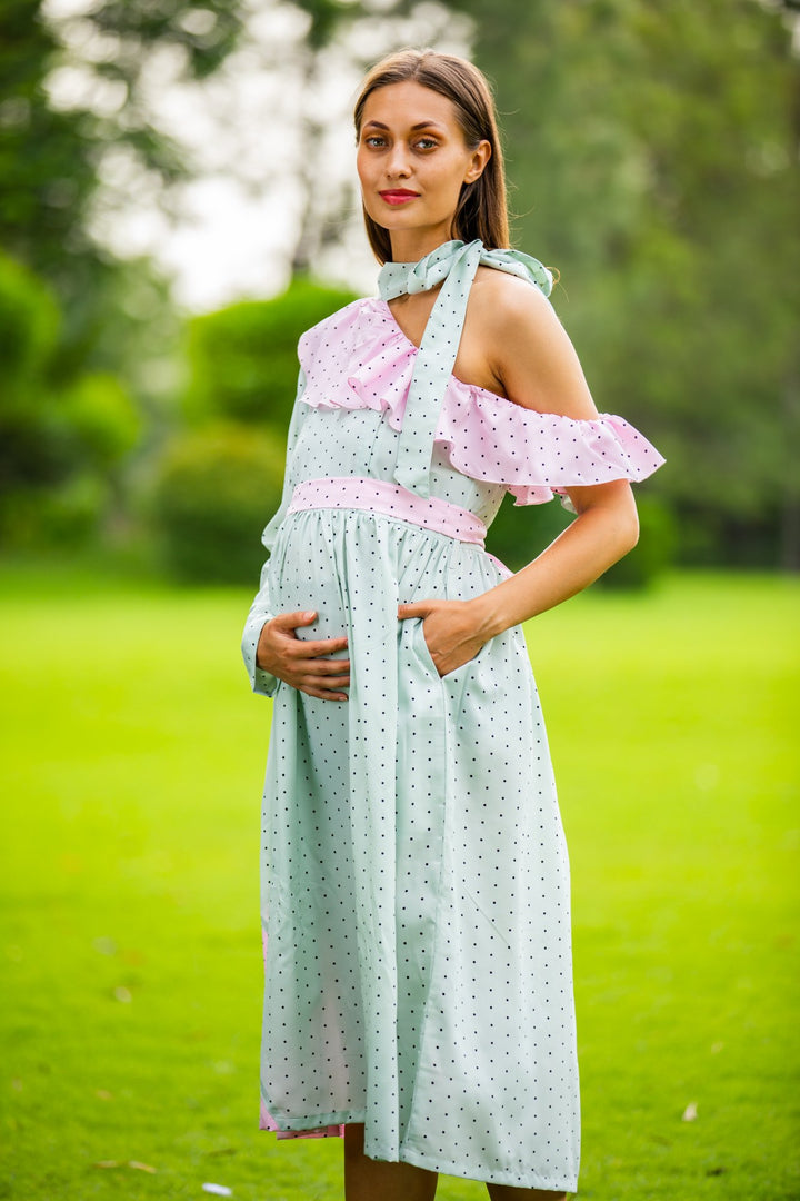 Mint Blush Polka Neck Tie Maternity & Nursing Dress momzjoy.com