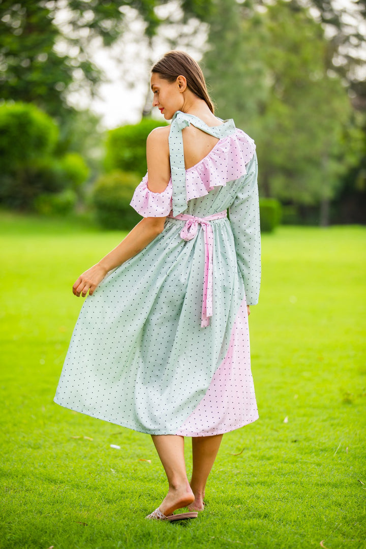 Mint Blush Polka Neck Tie Maternity & Nursing Dress momzjoy.com