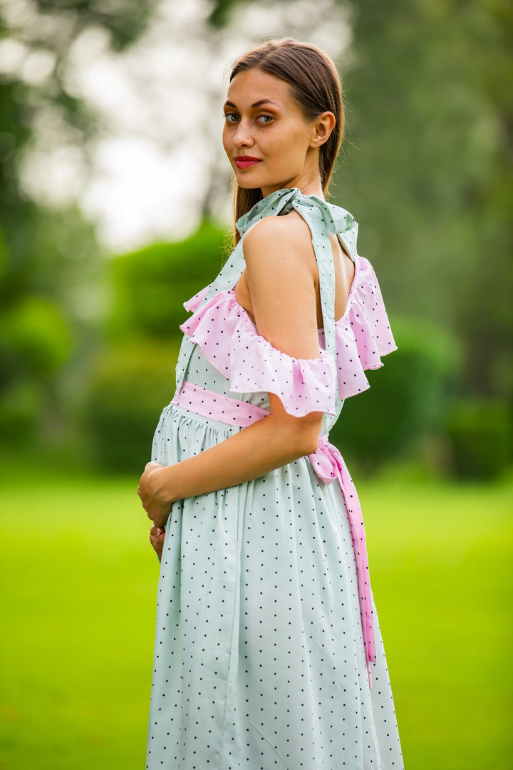 Mint Blush Polka Neck Tie Maternity & Nursing Dress momzjoy.com