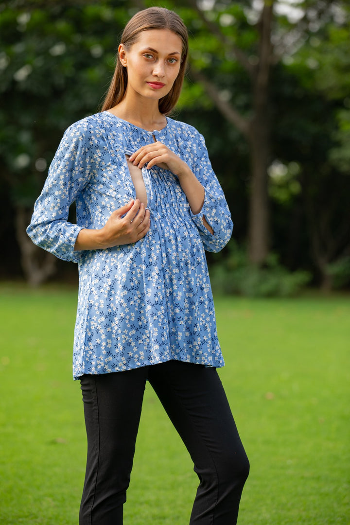 Pastel Blue Pintucks Maternity & Nursing Top MOMZJOY.COM