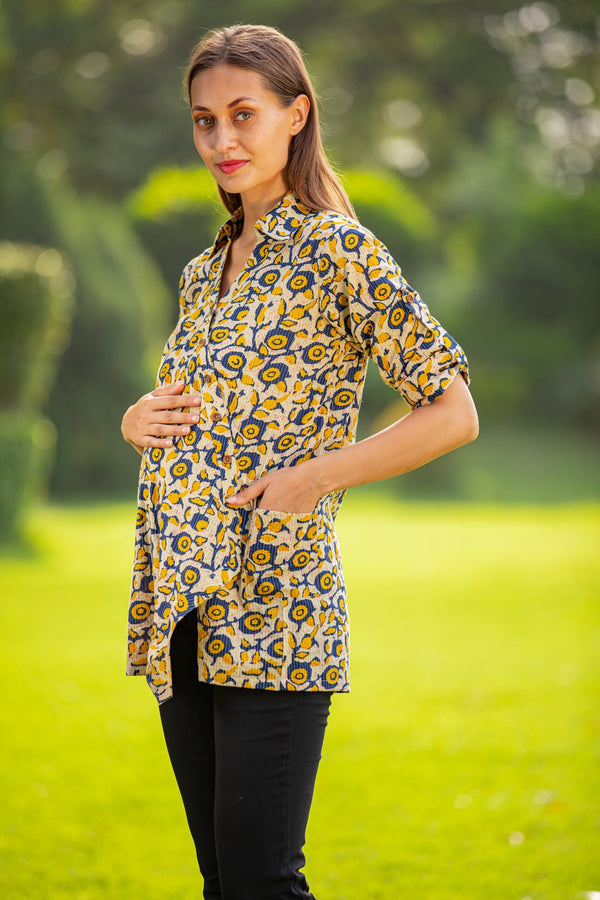Mustard Ikat Gathered Viscose Maternity Shirt MOMZJOY.COM