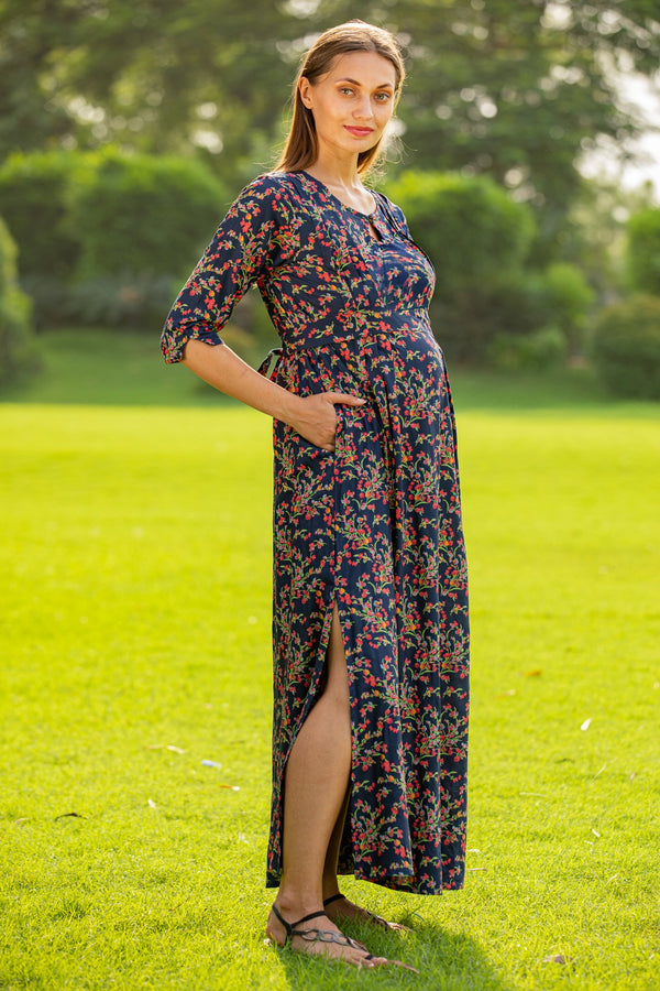 Midnight Bloom Side Slit Maternity & Nursing Dress MOMZJOY.COM