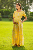 Pastel Yellow Maternity & Nursing Dress / Delivery Gown/ Night Dress MOMZJOY.COM