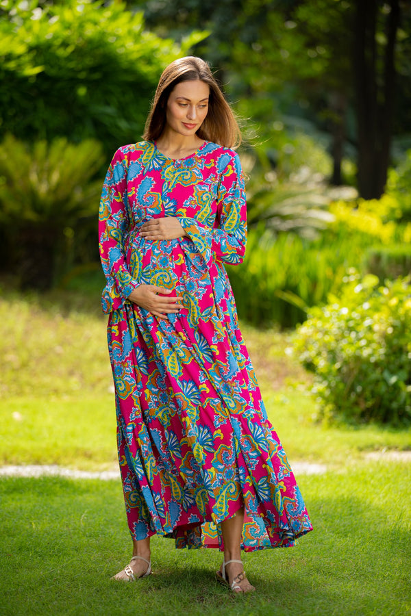 Rosy Paisley Floral Maternity & Nursing Layer Dress MOMZJOY.COM