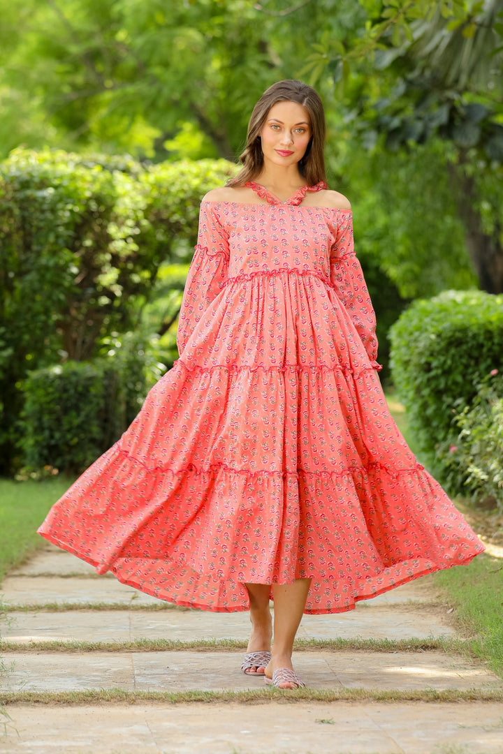 Peony Pink Maternity & Nursing Frill Cotton Dress momzjoy.com