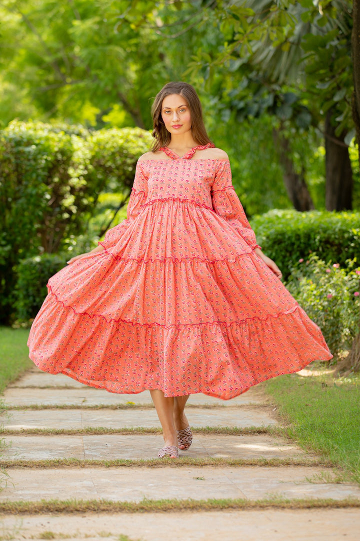 Peony Pink Maternity & Nursing Frill Cotton Dress momzjoy.com