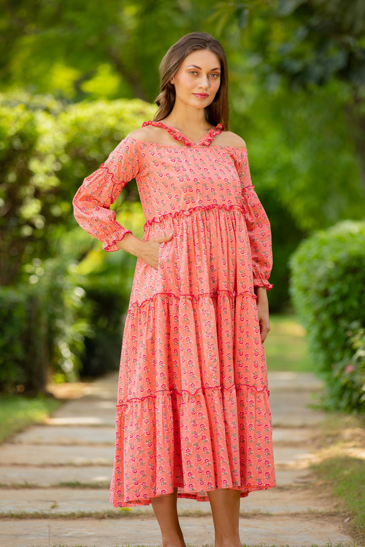 Peony Pink Maternity & Nursing Frill Cotton Dress momzjoy.com