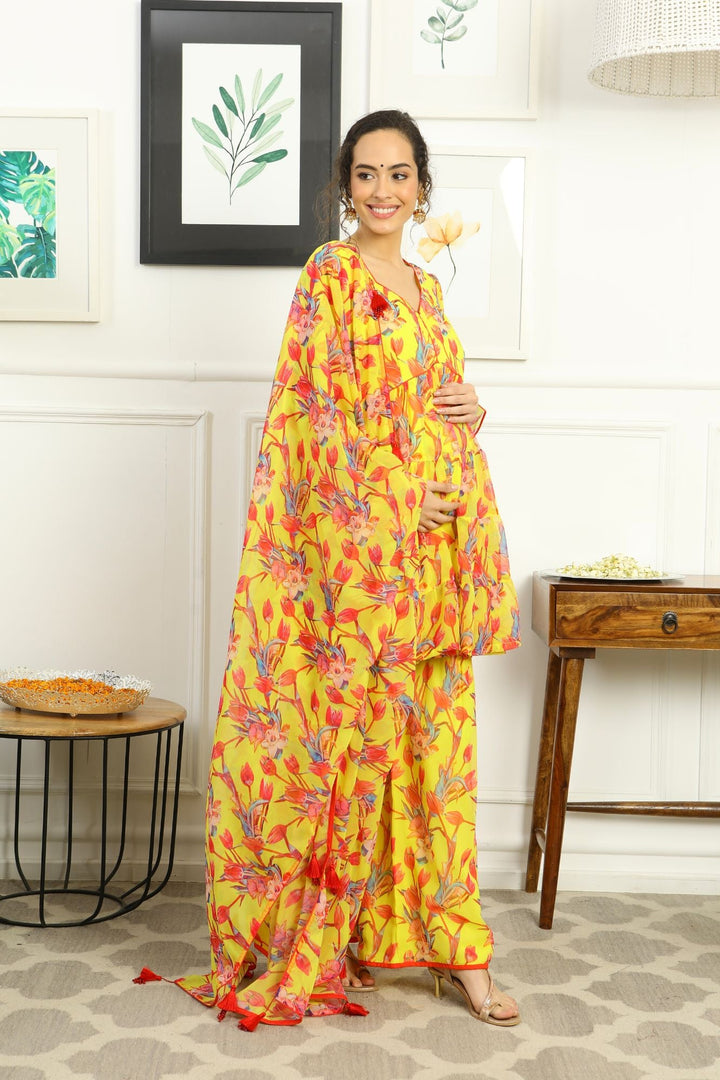 Eden Miami Floral Layered Maternity & Nursing Kurta + Bump Band Bottom + Dupatta (3 Pc) momzjoy.com