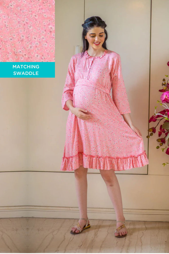 Cute Pink Daisy Maternity & Nursing Night Dress + Matching Swaddle Set Of 2 momzjoy.com