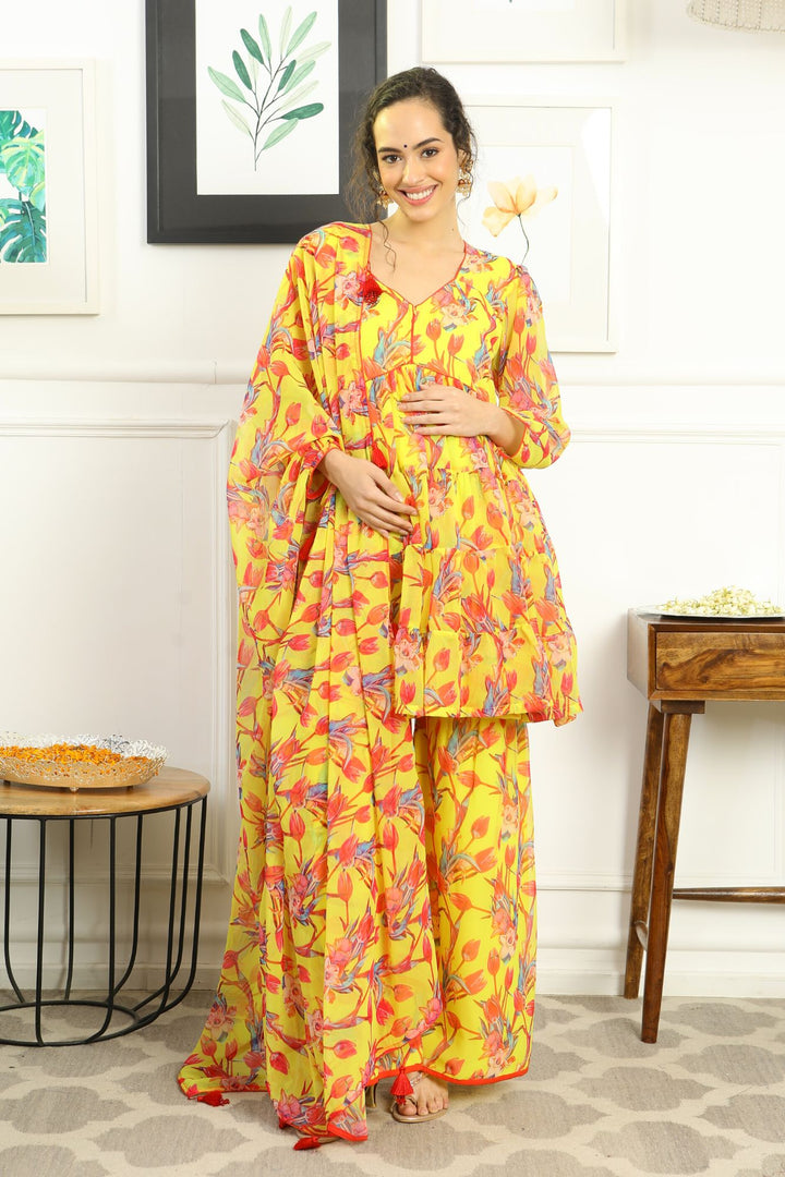 Eden Miami Floral Layered Maternity & Nursing Kurta + Bump Band Bottom + Dupatta (3 Pc) momzjoy.com