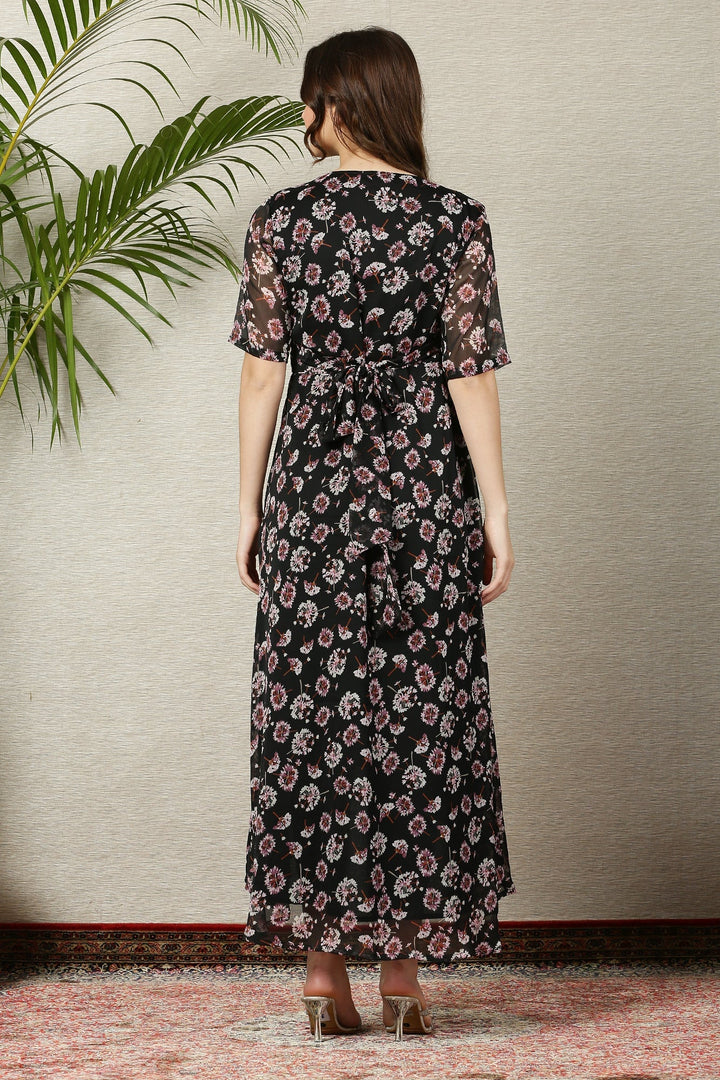 Pretty Rich Black Floral Maternity & Nursing Hi-Low Wrap Dress momzjoy.com