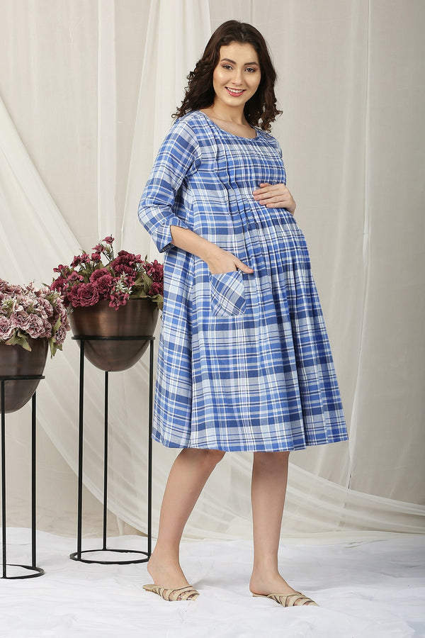Blue Checks Maternity & Nursing Pintuck Dress MOMZJOY.COM