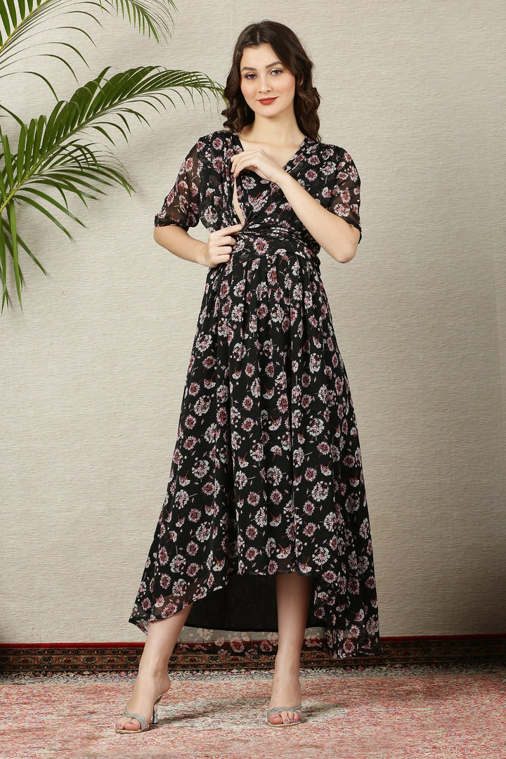 Pretty Rich Black Floral Maternity & Nursing Hi-Low Wrap Dress momzjoy.com