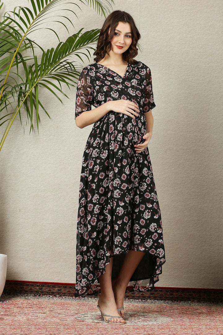 Pretty Rich Black Floral Maternity & Nursing Hi-Low Wrap Dress momzjoy.com