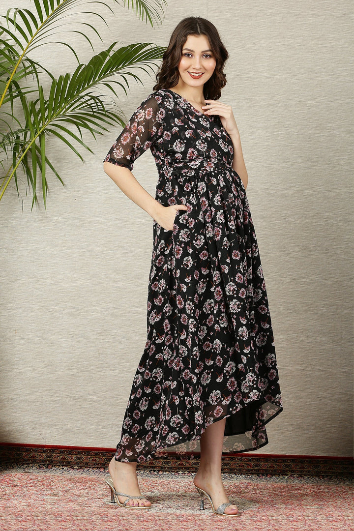 Pretty Rich Black Floral Maternity & Nursing Hi-Low Wrap Dress momzjoy.com