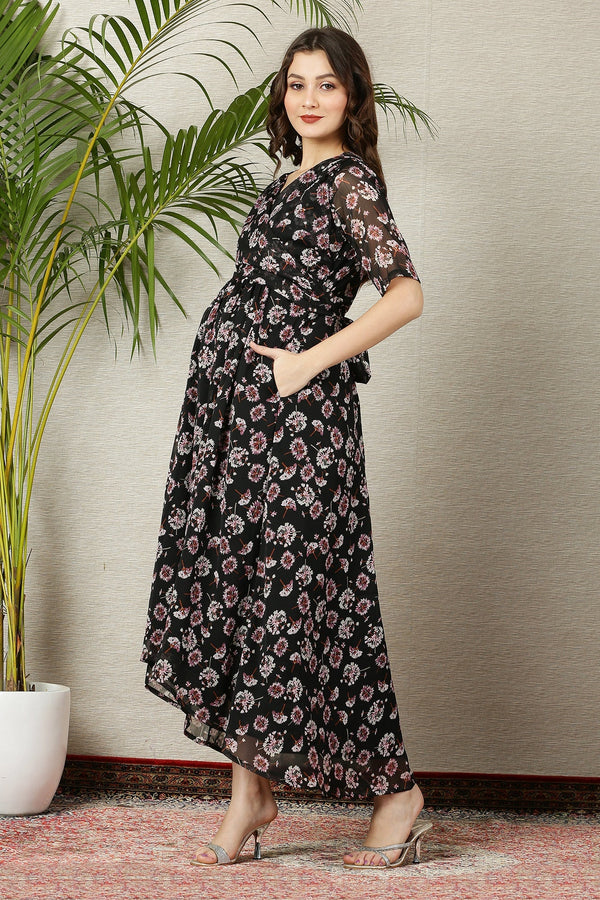 Pretty Rich Black Floral Maternity & Nursing Hi-Low Wrap Dress momzjoy.com