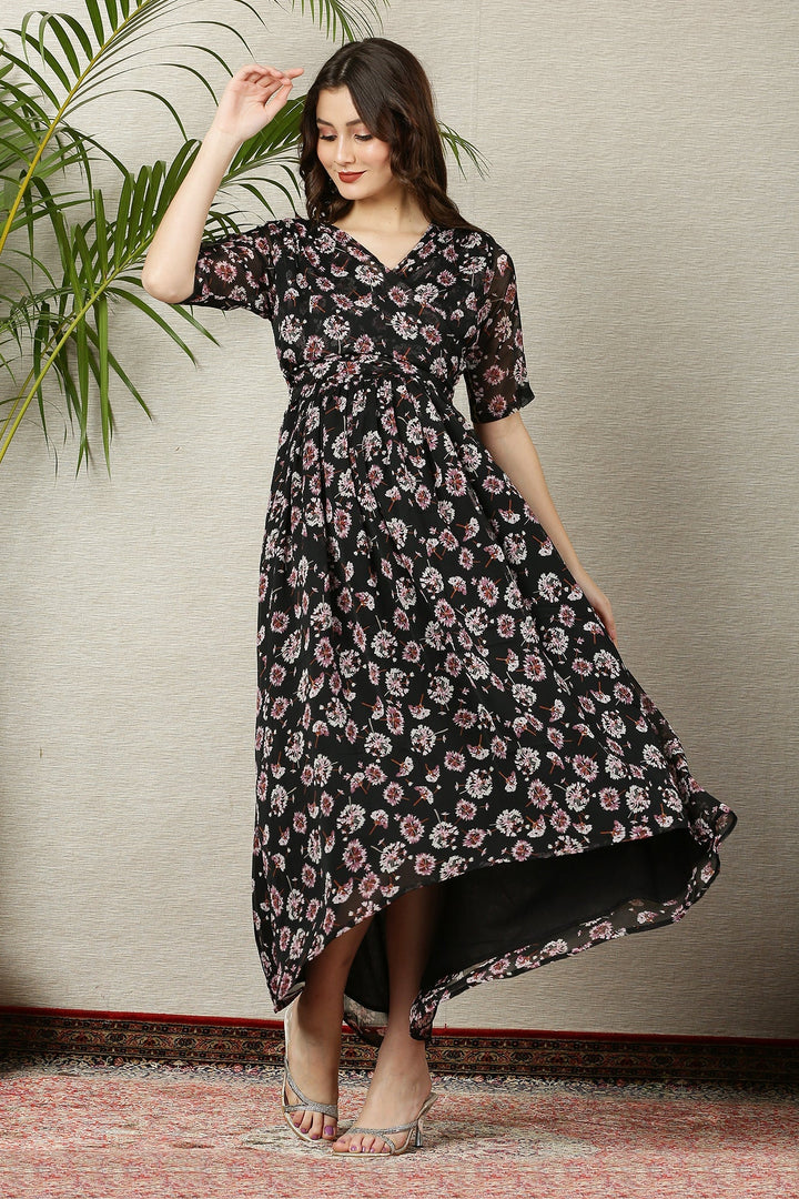 Pretty Rich Black Floral Maternity & Nursing Hi-Low Wrap Dress momzjoy.com