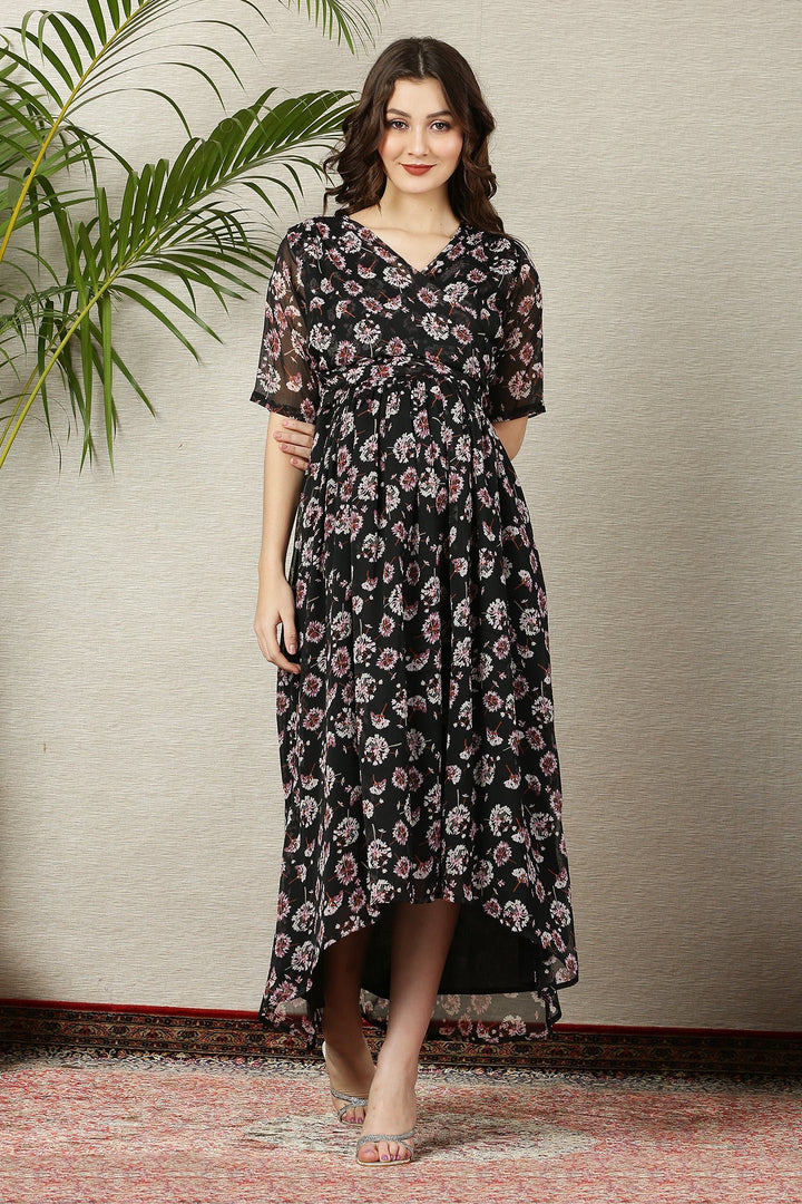 Pretty Rich Black Floral Maternity & Nursing Hi-Low Wrap Dress momzjoy.com