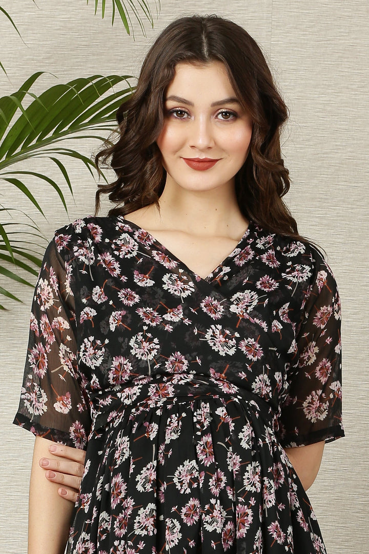 Pretty Rich Black Floral Maternity & Nursing Hi-Low Wrap Dress momzjoy.com