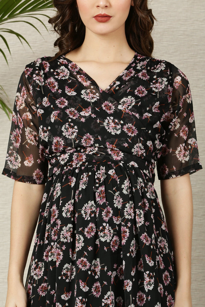 Pretty Rich Black Floral Maternity & Nursing Hi-Low Wrap Dress momzjoy.com