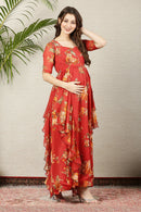 Crimson Red Flower Bomb Maternity Flow Dress momzjoy.com