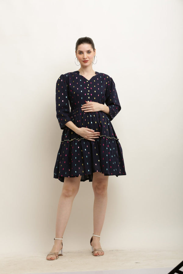 Chirpy Colorful Midnight Blue Maternity & Nursing Dress MOMZJOY.COM