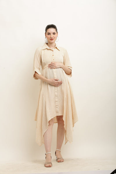Brown Striped Versatile Maternity & Nursing Asymmetrical Shirt Dress momzjoy.com