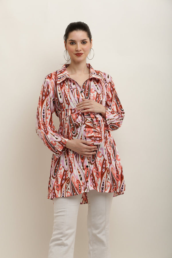 Boho Reddish Paisley Maternity & Nursing Shirt Top MOMZJOY.COM